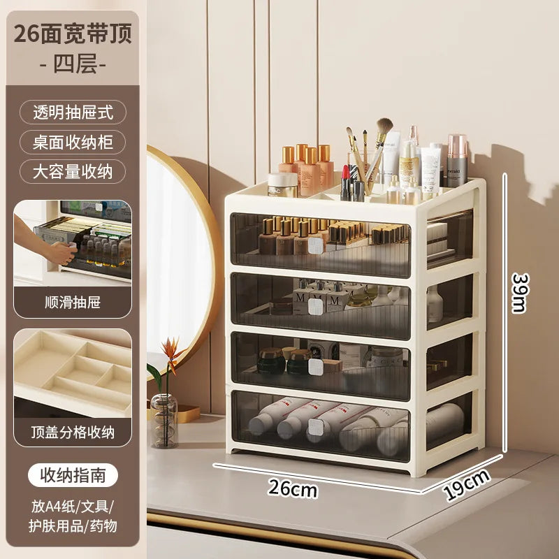 boîte rangement tiroirs transparents moderne beige clair compartiments organisation maison maquillage documents A4