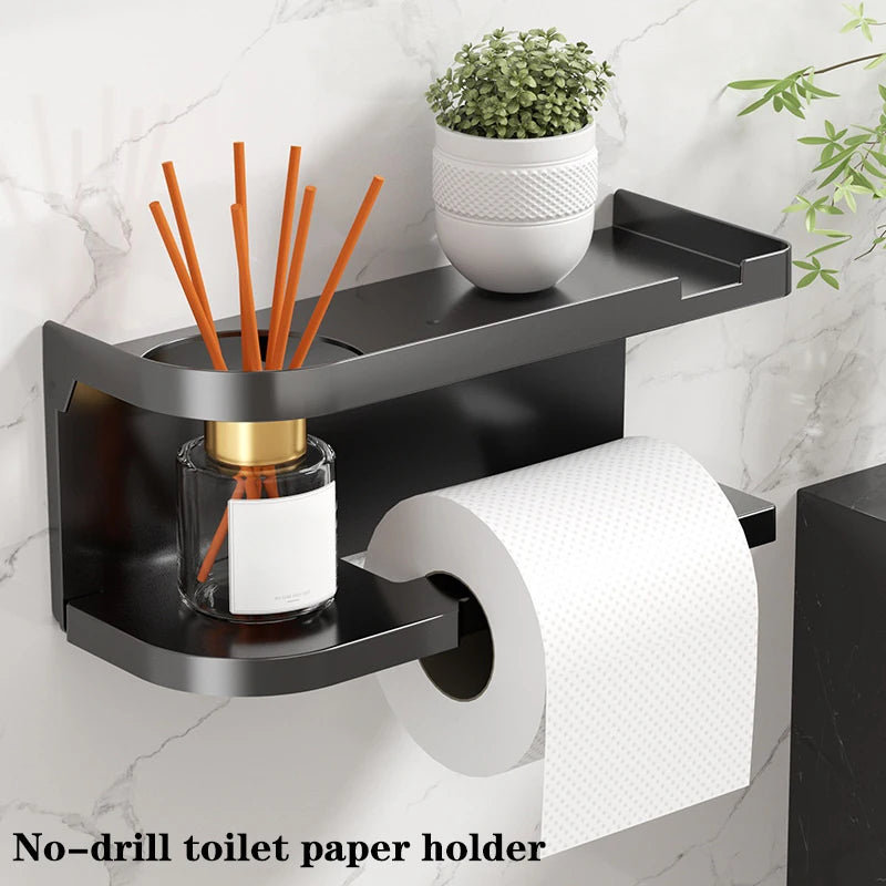 support papier toilette mural adhésif moderne blanc noir bleu marine étagère plantes bougies
