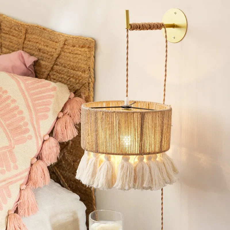 lampe murale bohème tressée franges beige or chambre salle manger éclairage quotidien LED semi
