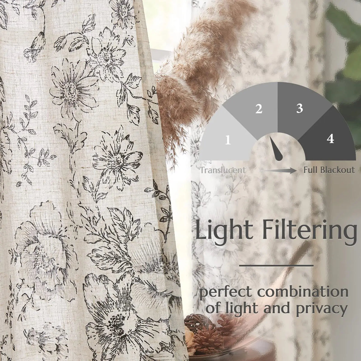 rideau fleur lin beige clair noir rustique romantique fenetre chambre coucher