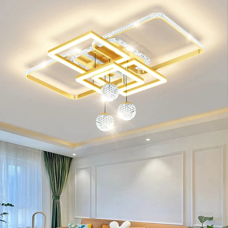 plafonnier moderne luminaire suspendu blanc noir doré cristaux géométrique contemporain