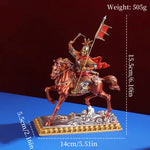 statue équestre décorative armure texturée motifs floraux base argentée drapeau rouge lotus pot blanc