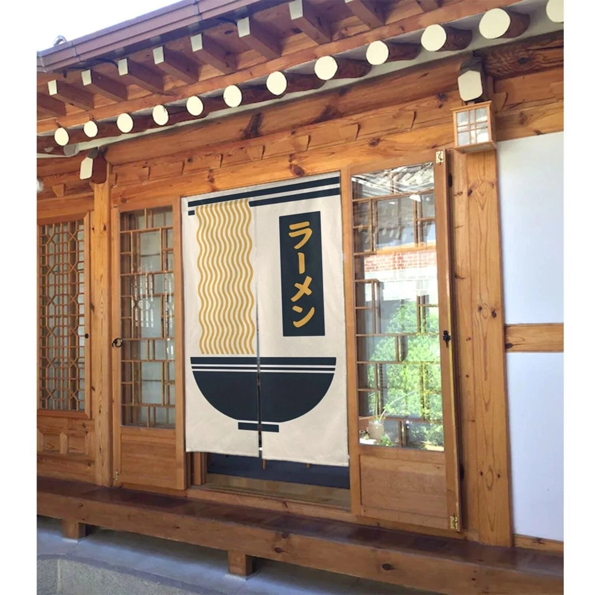 rideau moderne japonais rayures dorées texte ramen noir cuisine chambre