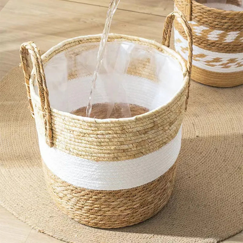 paniers rangement boho blanc rayures naturel bordure noire pliables stockage maison jardin