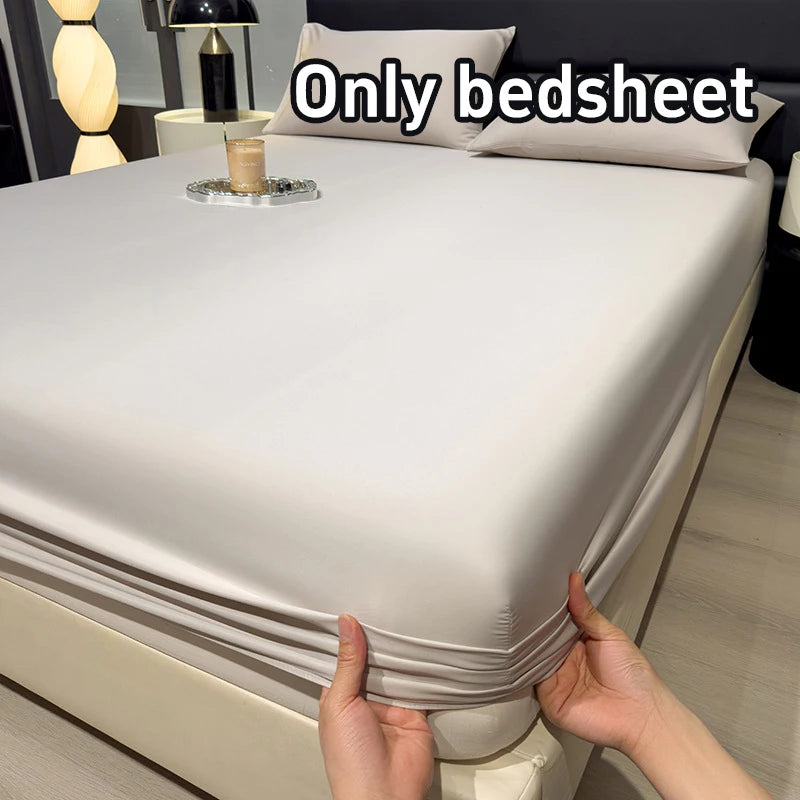 drap housse matelas soie glacée respirant frais été doux coton uni bleu gris moderne