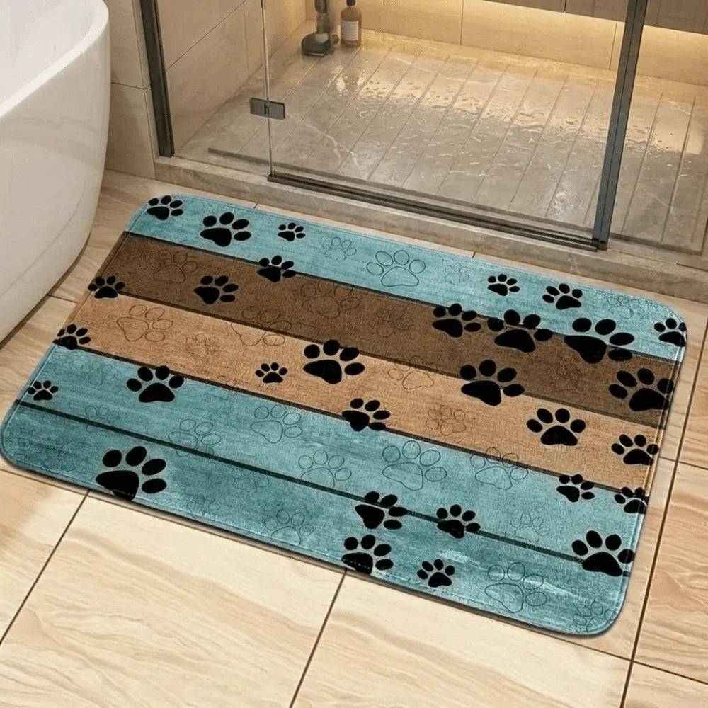 tapis antidérapant empreintes chien moderne bleu marron noir décoration sol
