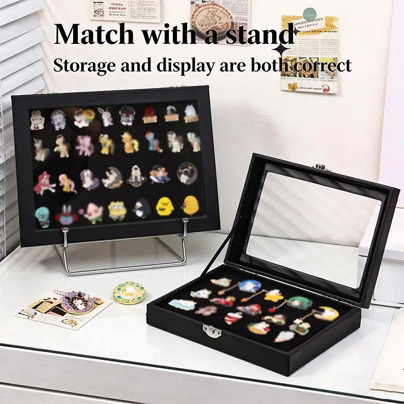 boîte rangement badges intérieur velours noir fenêtre transparente moderne pieds métalliques
