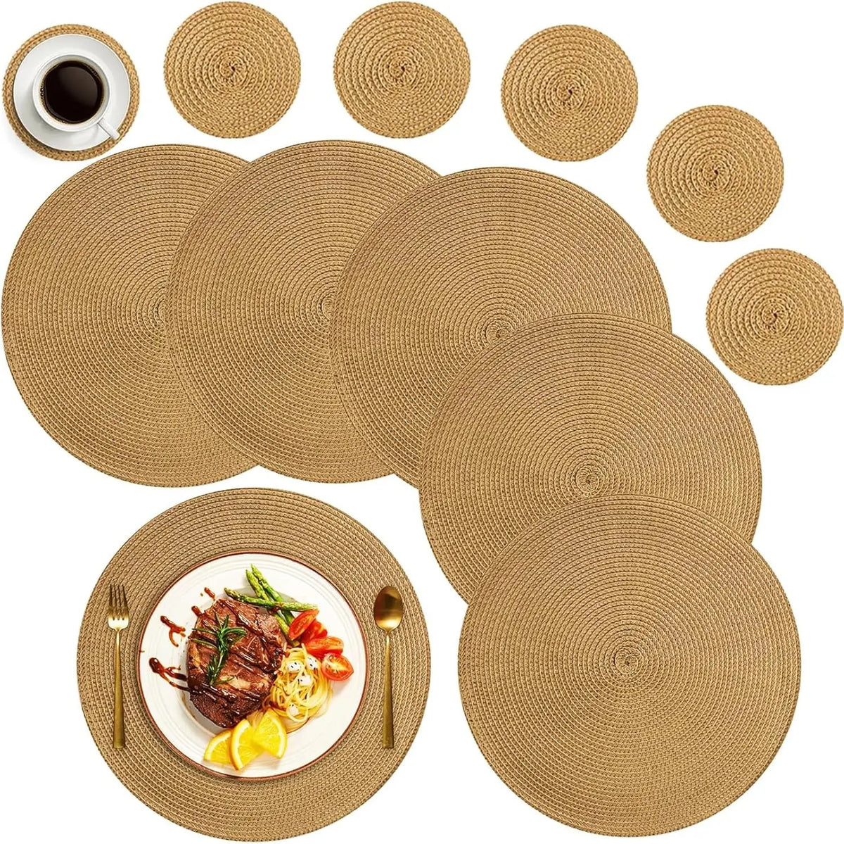 placemat tissé spirale beige antidérapant assiettes cuillères verres pièces