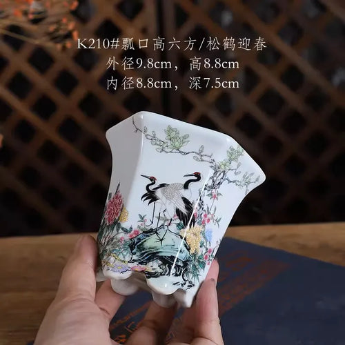 Cache pot céramique chinois peinture florale oiseaux blanc traditionnel artisanal fleur plante verte