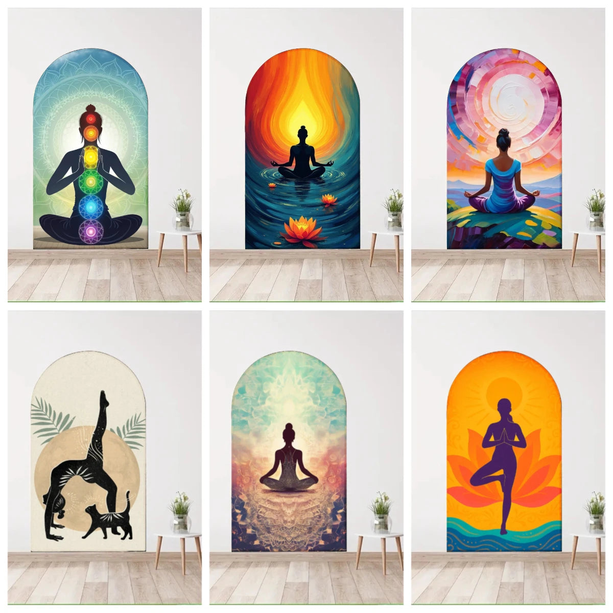 panneau mural contemporain yoga silhouettes floraux adhésif bleu orange jaune vert noir blanc chambre
