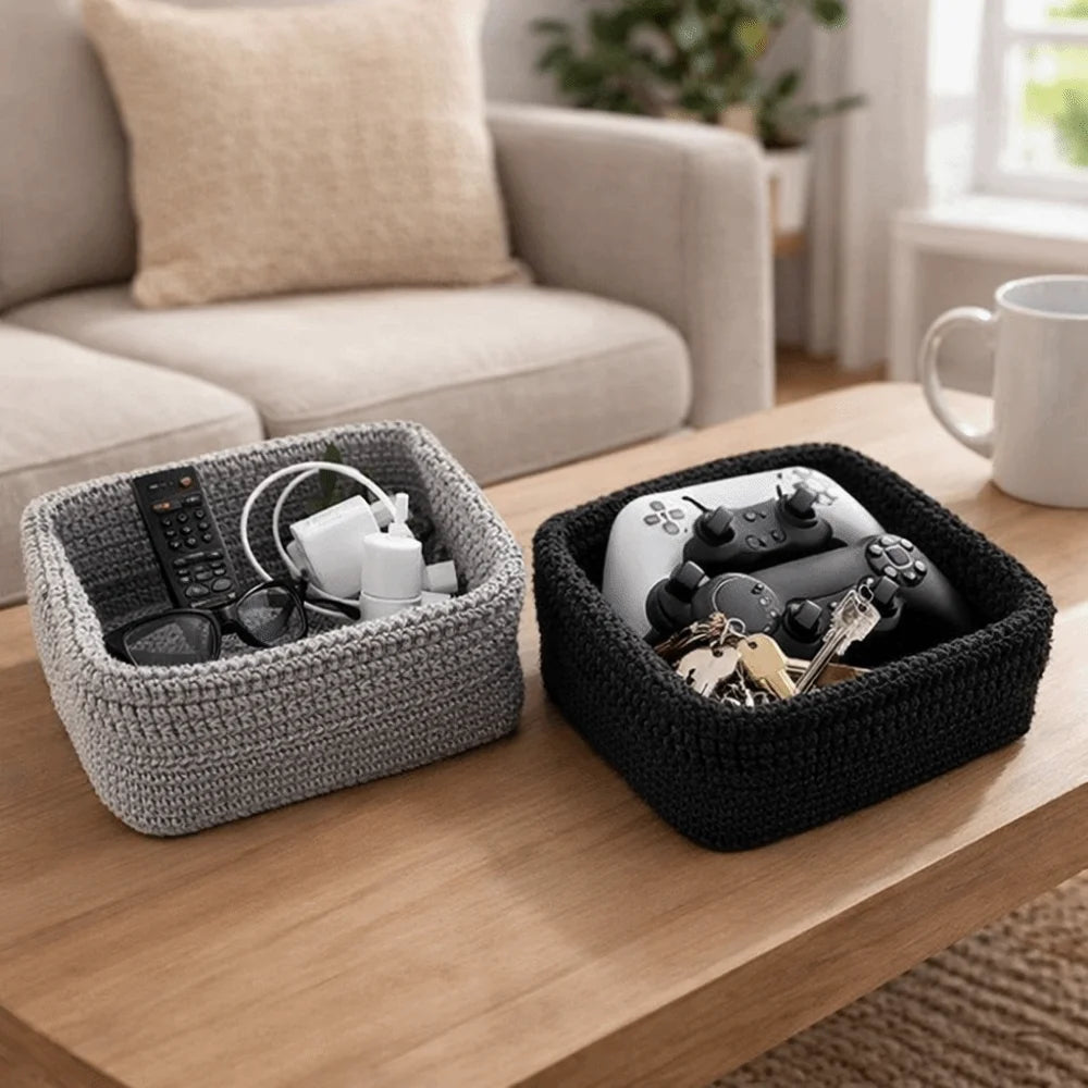 panier gris noir marron moderne rustique rangement fruits lunettes clés télécommande rechargeable