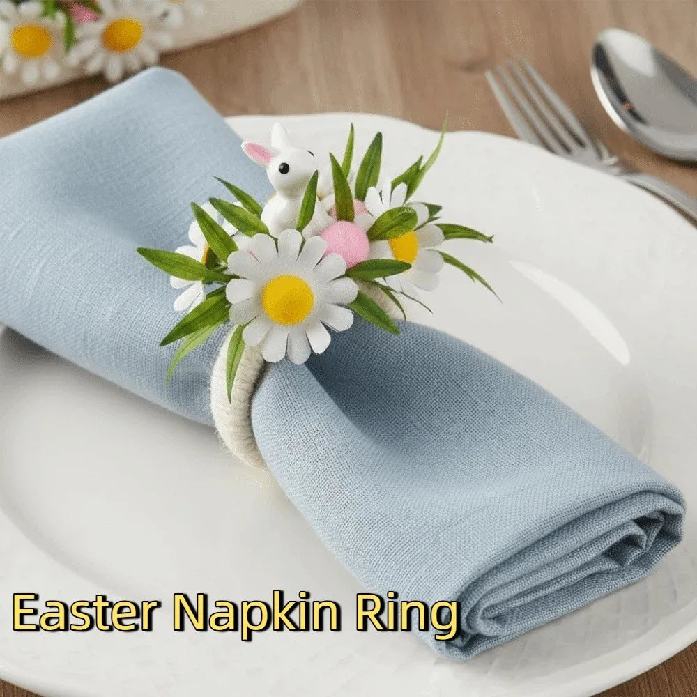 anneau serviettes pâques fleurs pissenlit oreilles lapin printemps décoratif blanc vert jaune rose