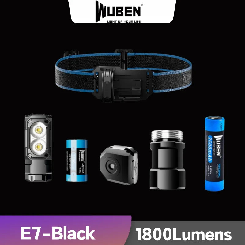 lampe frontale led 1800 lumens noir texturée moderne clip batterie aaa adaptateur