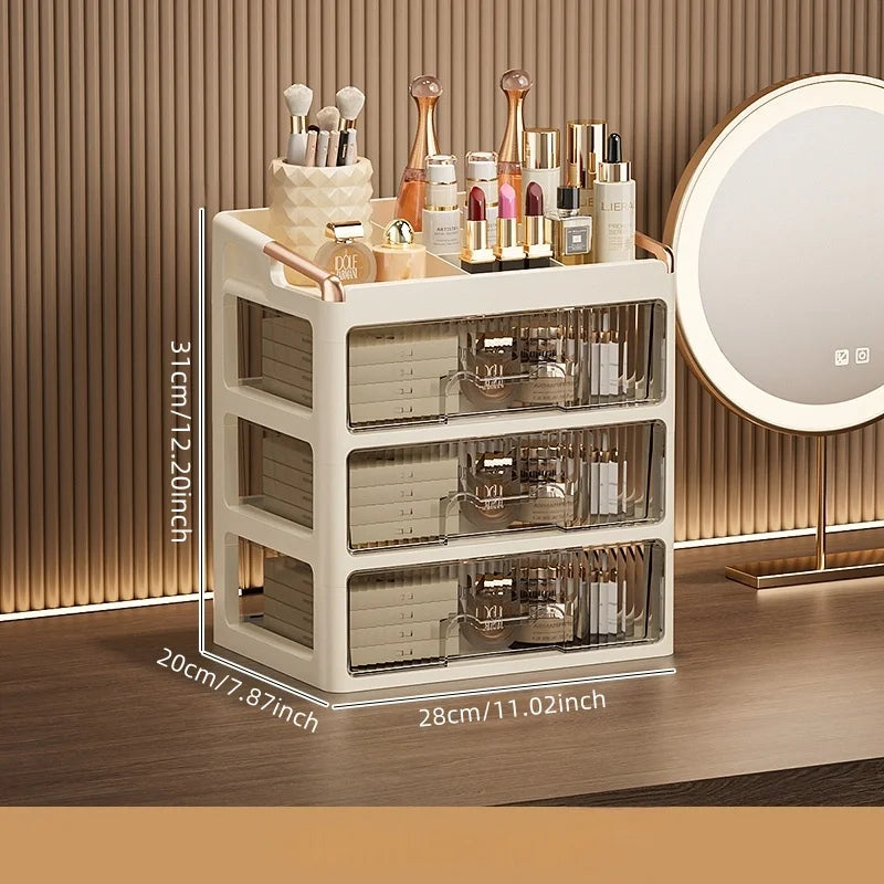 boîtes rangement cosmétiques moderne pliables beige clair poignées dorées étiquettes produits
