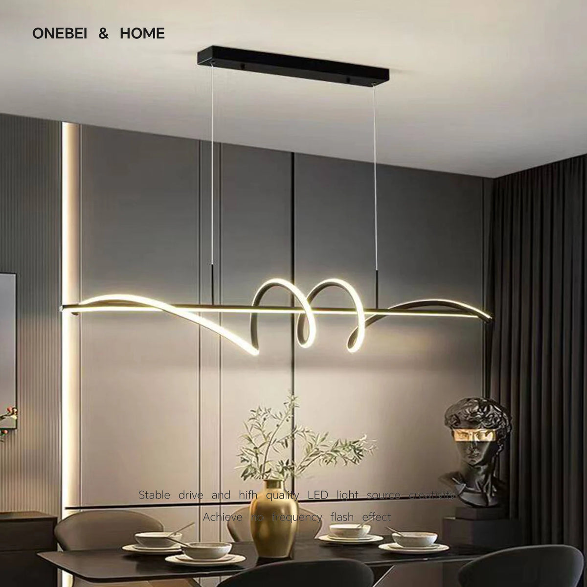 suspension lumineuse moderne minimaliste noir blanc doré ondulé réglable dimmable chambre salon étude