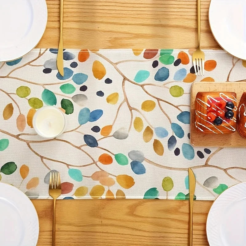 chemin table moderne feuilles colorées automne beige clair vert bleu orange marron gris texture