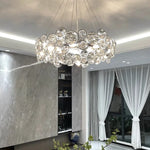 Suspension lumineuse moderne cristal transparent rond facettes chaînes métalliques salon chambre
