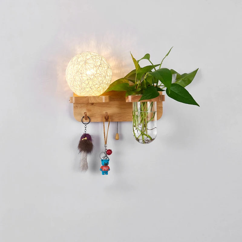 lampe murale scandinave bois naturel feuilles vertes plante boule lumineuse chaîne éclairage chambre salon