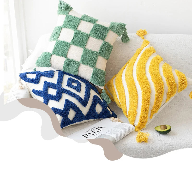 coussin décoratif boho chic motif géométrique tufté coton canevas canapé salon maison