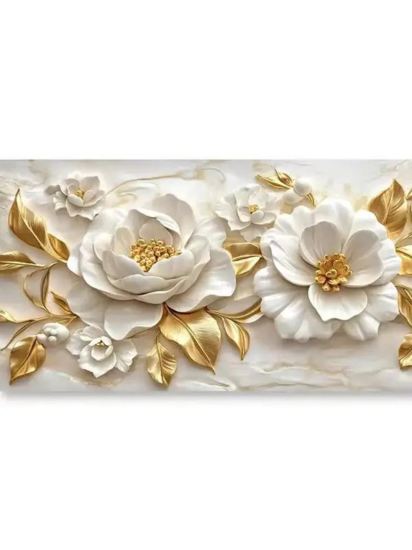 tableau mural moderne toile coton fleurs relief blanc doré sans cadre 20x40cm 30x60cm 40x80cm