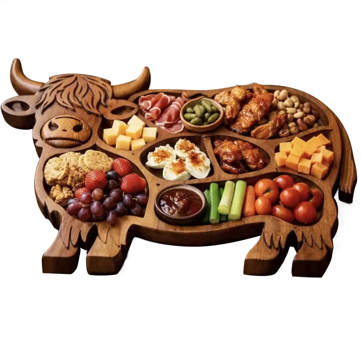 plateau charcuterie bois naturel taureau traditionnel fromage viande fruits légumes sauces
