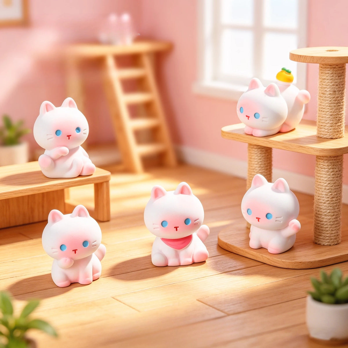 figurines chats mignonnes résine blanc rose orange beige yeux bleus oreilles pointues