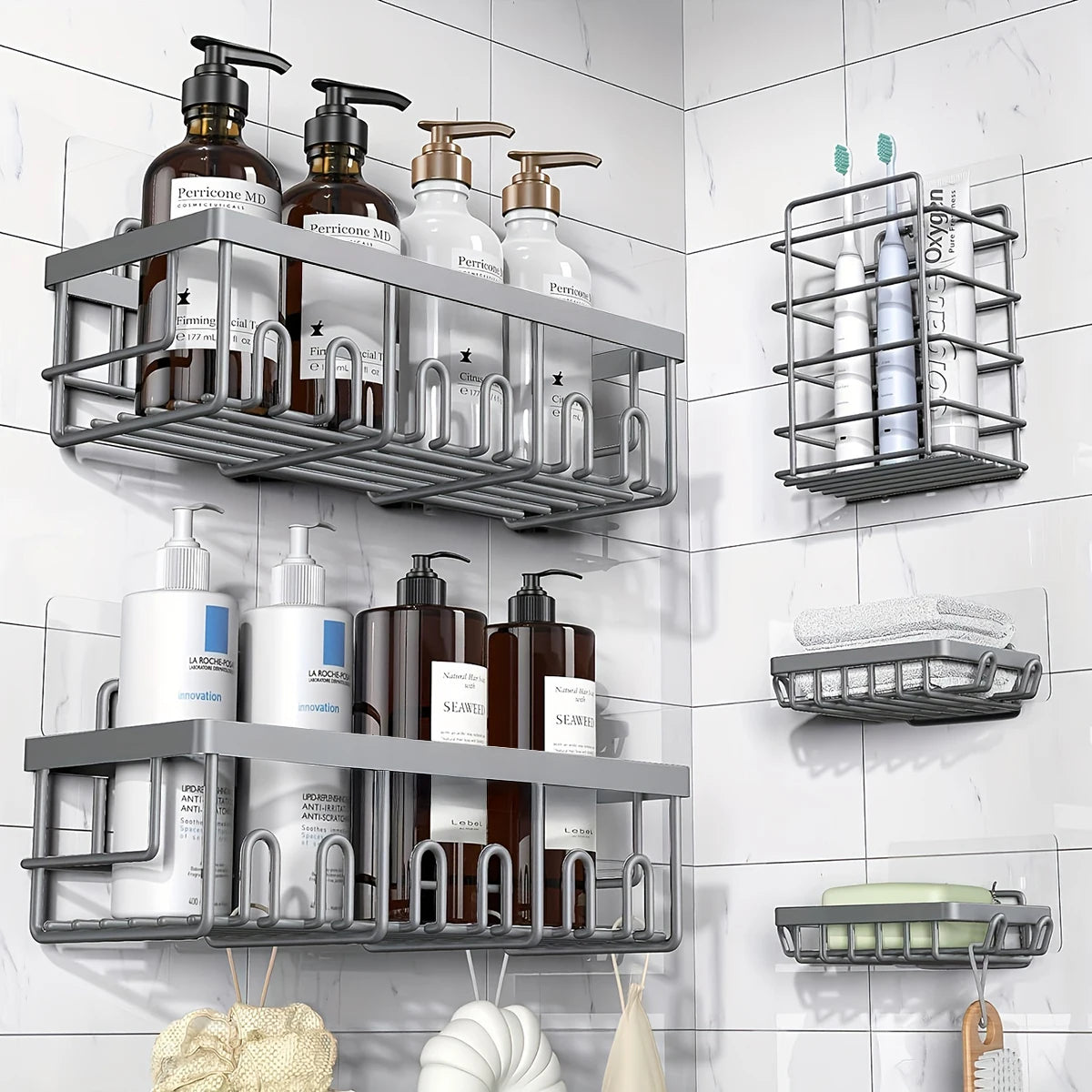 étagères murales adhésives acier inoxydable niveaux rangement moderne salle bain noir sans perçage