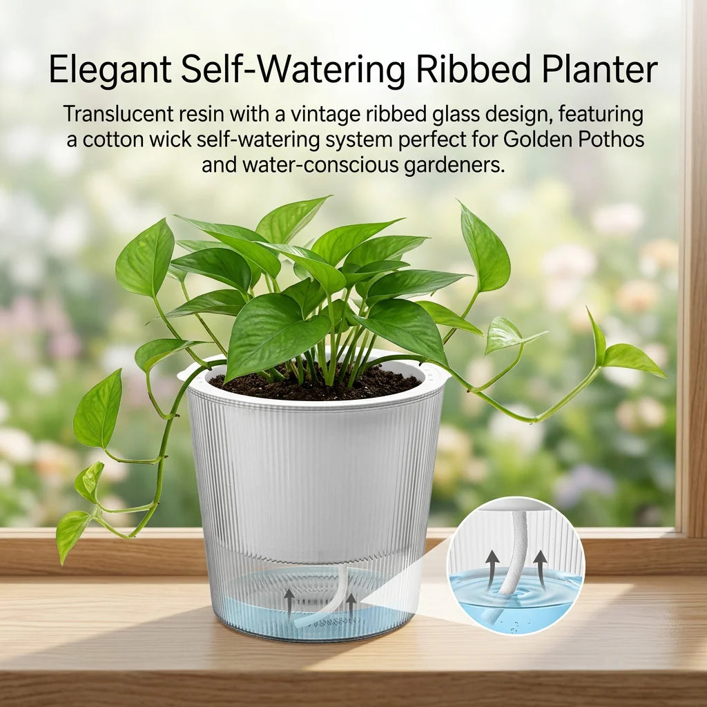 pots plantes auto arrosants résine translucide couleurs blanc vert jaune nervures vintage