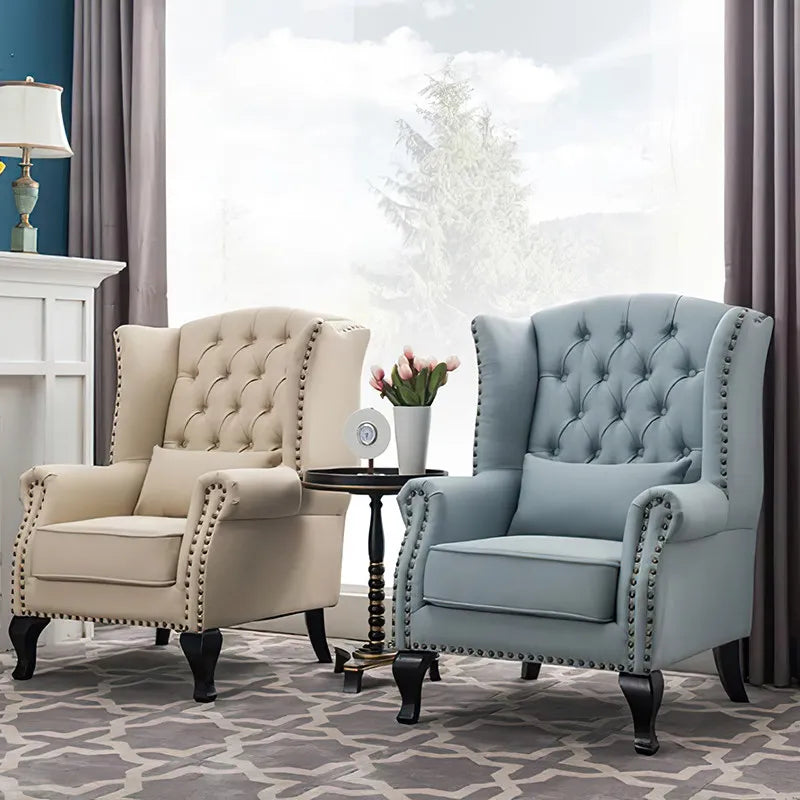 fauteuil club chesterfield tissu capitonné coussins décoratifs bois sculpté living room adult single sofa
