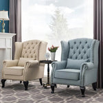 fauteuil club chesterfield tissu capitonné coussins décoratifs bois sculpté living room adult single sofa