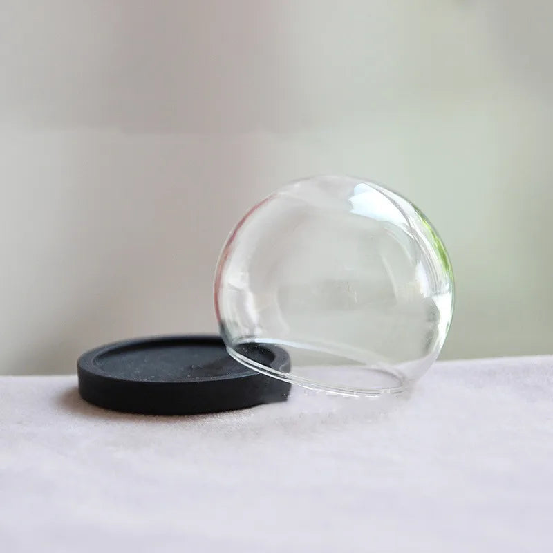 vase boule verre transparent base bois couvercle fleurs séchées