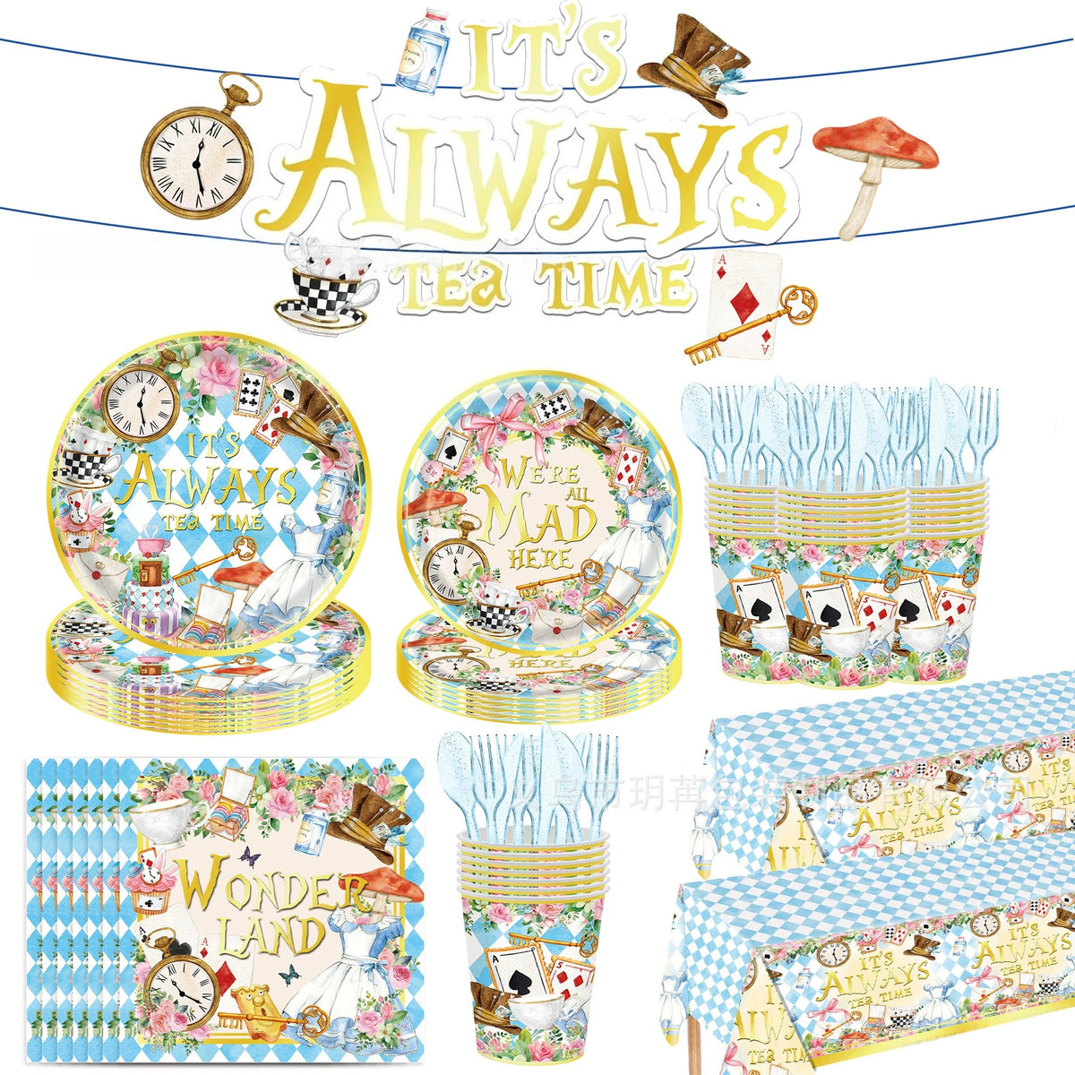 assiettes gobelets serviettes nappe alice thème merveilles cartes fleurs horloge chapeau