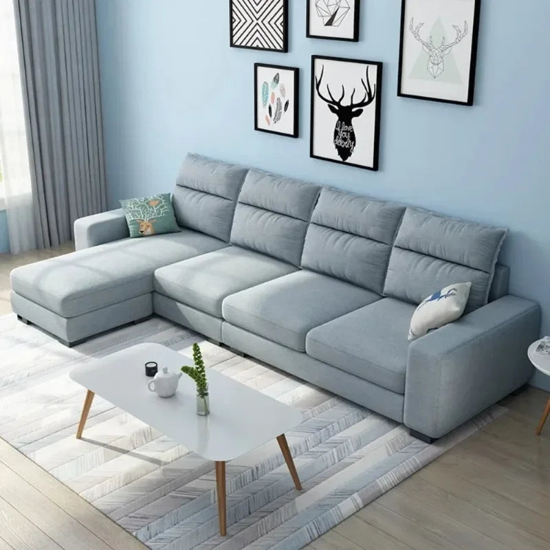canapé d'angle moderne tissu uni vert pastel gris clair rose pâle jaune scandinave salon