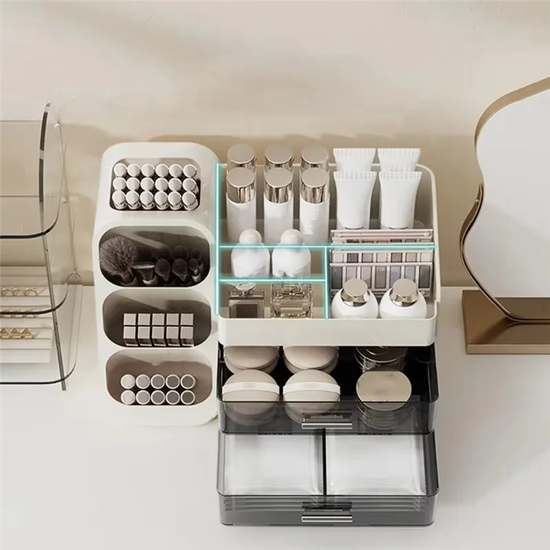 boîte rangement cosmétique blanche transparente moderne brosse maquillage crèmes bouteilles produits