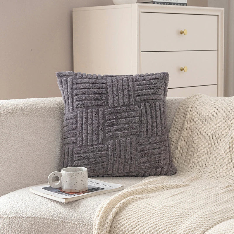 coussins moelleux rayures horizontales gris blanc moderne confortable zip vert clair polyester
