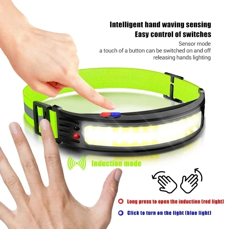 lampe frontale led rechargeable usb capteur mouvement lanternne étanche camping pêche course pied rayures