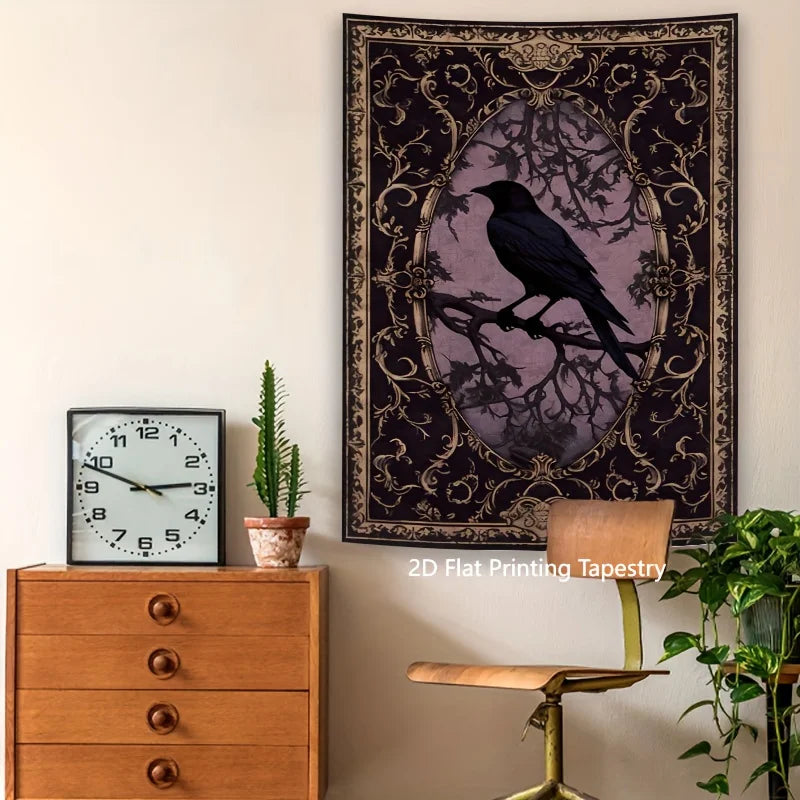 tapisserie gothique corbeau noir violet beige motif floral ornemental rectangle lavable maison chambre studio