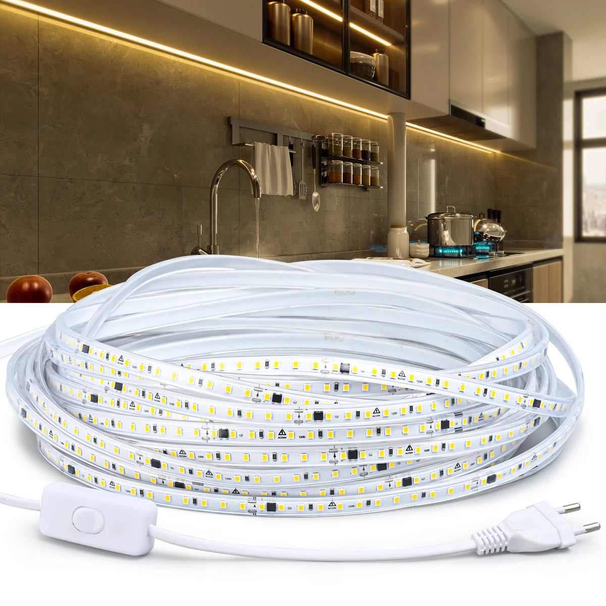 Ruban LED étanche 220V blanc chaud pour cuisine