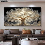 toile d'art contemporaine arbre doré lumière salon chambre vertical sans cadre