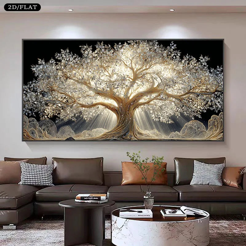 toile d'art contemporaine arbre doré lumière salon chambre vertical sans cadre