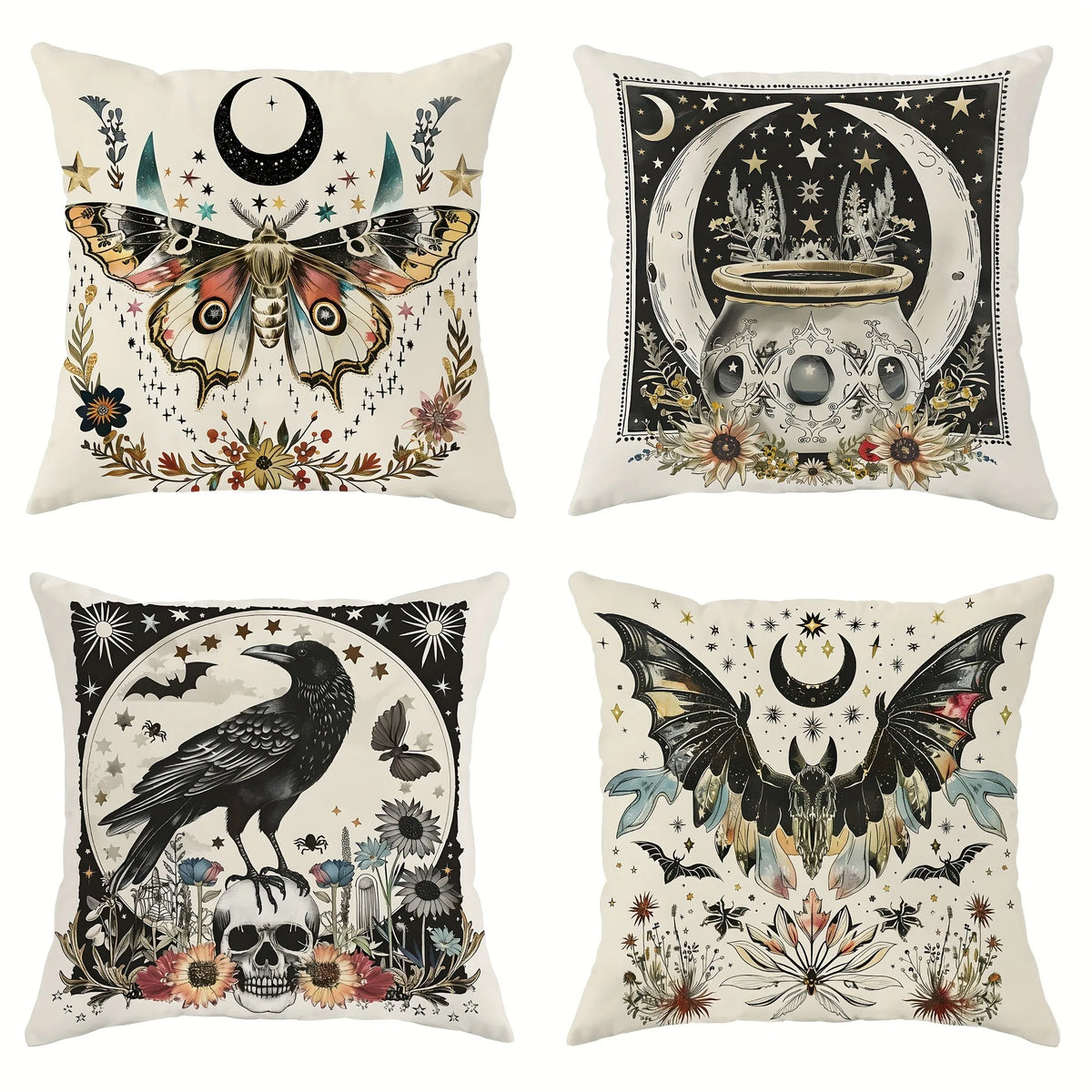 taies d'oreiller boho gothique papillons crânes fleurs étoiles 45x45cm polyester imprimé