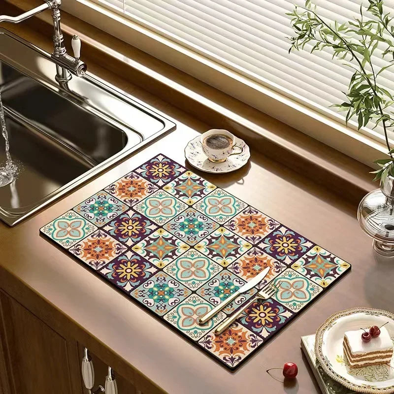 tapis cuisine moderne vert motifs floraux 30x40cm 40x50cm 50x60cm absorbant