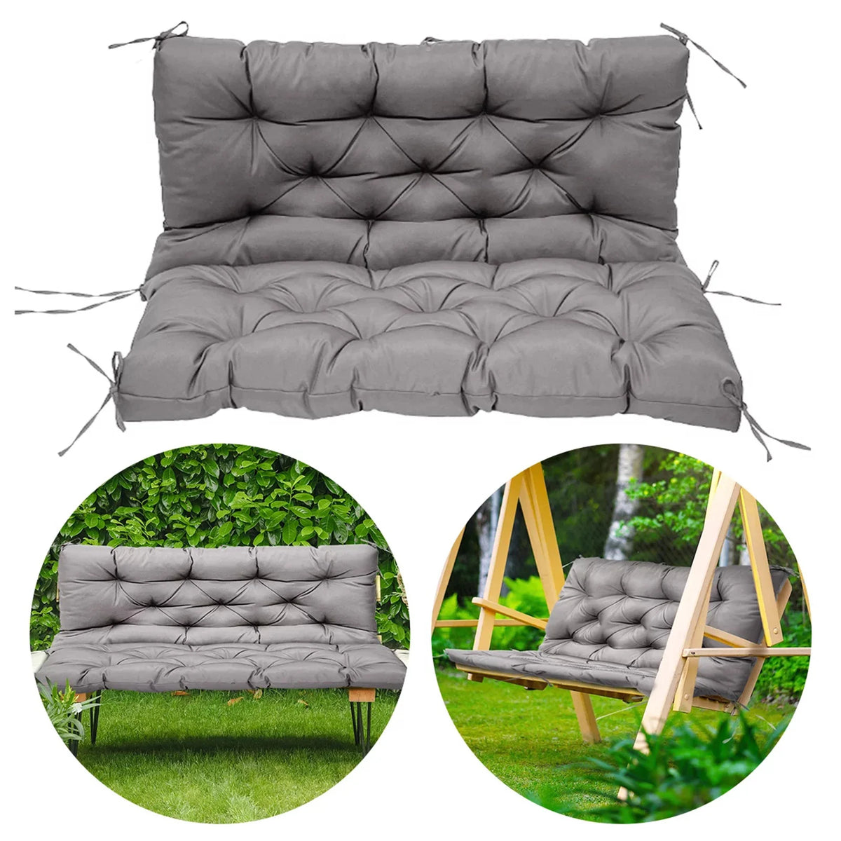 coussin balançoire extérieur gris capitonné imperméable rubans fixation banc jardin moderne