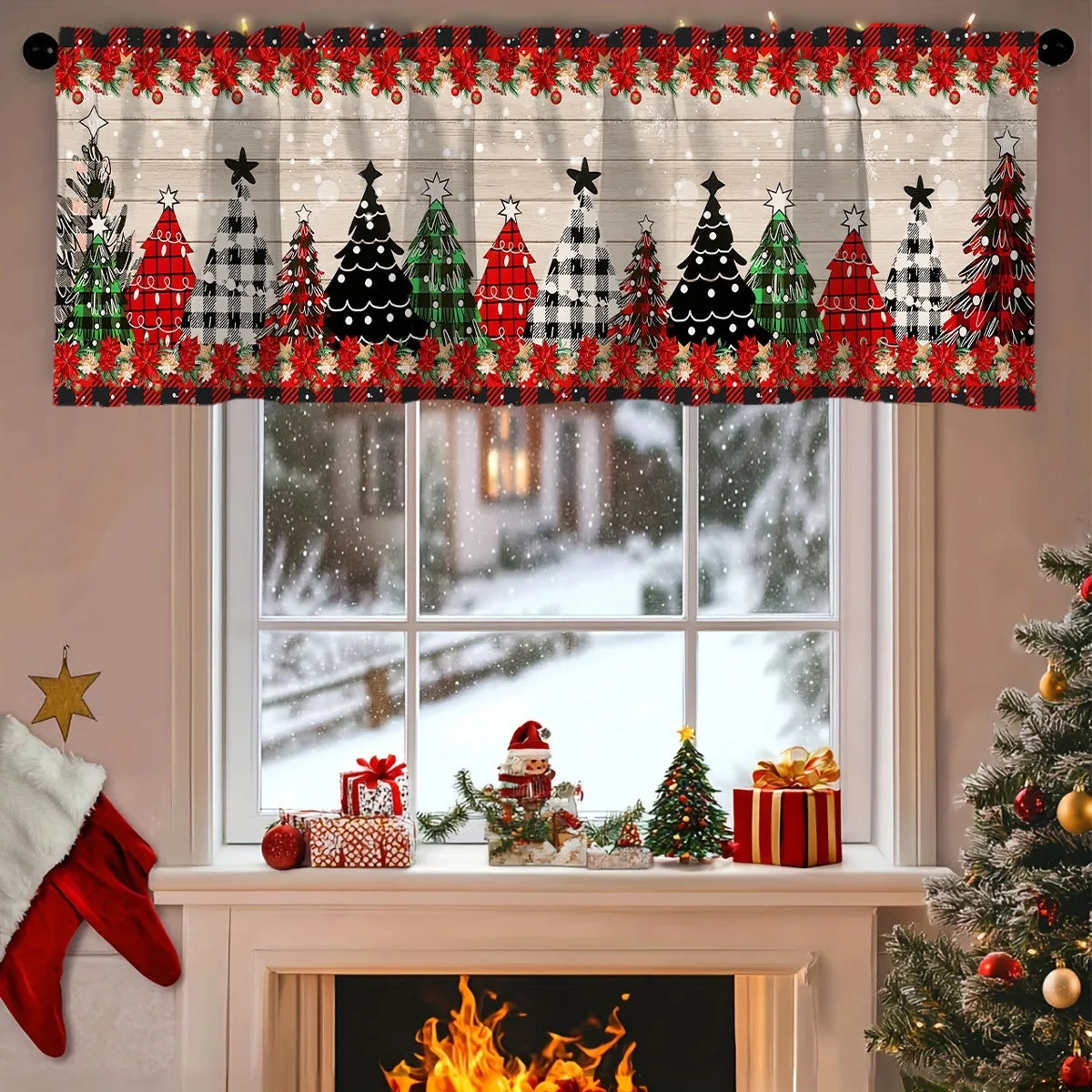 rideau noël blanc motifs flocons arbres eyelets polyester opaque traditionnel