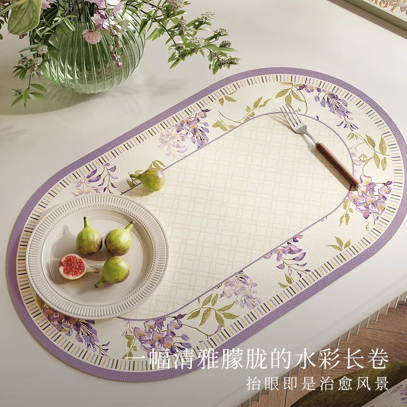 tapis table violet vert beige fleurs feuilles bordure rayée classique floral resistant pvc 30x50cm