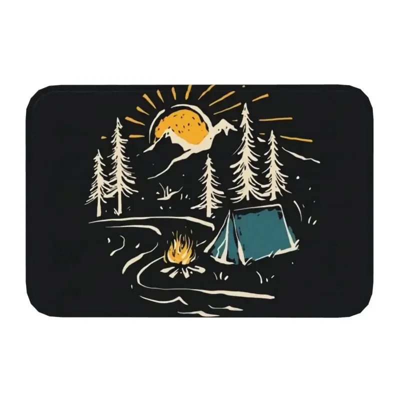 tapis sol antidérapant polyester moderne camping montagne arbres feu camp noir blanc bleu