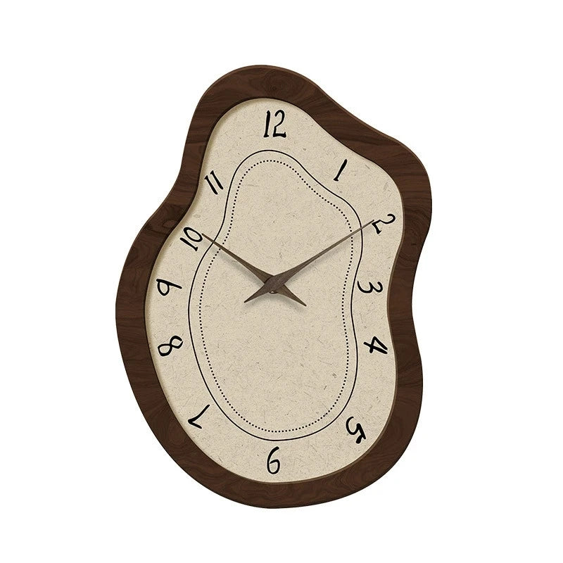 horloge murale bois marron aiguilles noires numeros blancs texture grunge moderne fixations quartz
