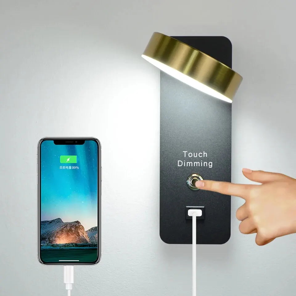 lampe murale moderne noire dorée usb ajustement luminosité interrupteur prise