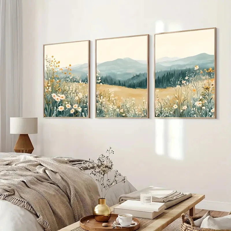 tableaux paysage fleurs montagne bohème moderne toile huile beige vert jaune blanc gris farmhouse