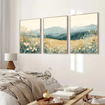 tableaux paysage fleurs montagne bohème moderne toile huile beige vert jaune blanc gris farmhouse